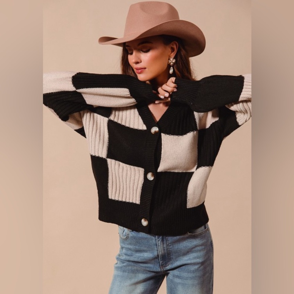 Oatmeal black color block checkered button cardigan bubble boho sleeve sweater - Picture 4 of 8